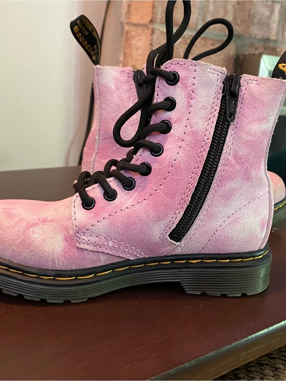 Dr. Martens Pink Suede Kids Lace-Up Boots with Black Laces